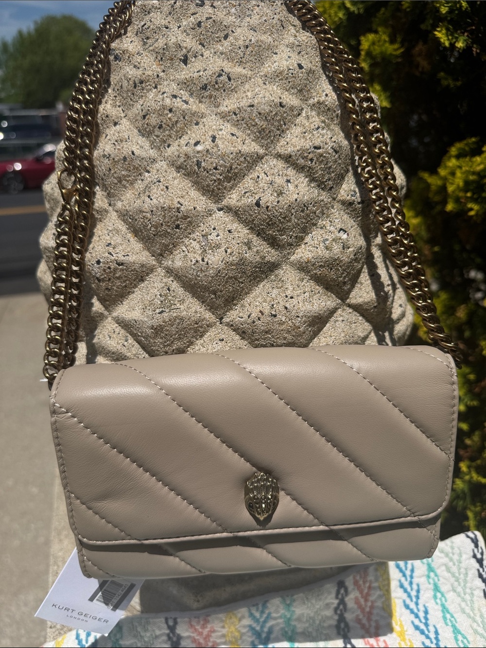 Kurt Geiger Beige Quilted Leather Shoulder Bag with Gold Chain